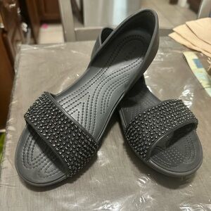 Crocs Lina Dorsay Iconic Comfort Black Rhinestone Embellished Sandals Size 8